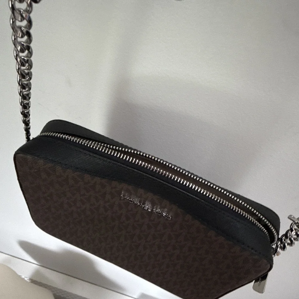 Michael Kors Brown Logo Crossbody Bag Zip, Chain Strap, Adjustable, Silver
